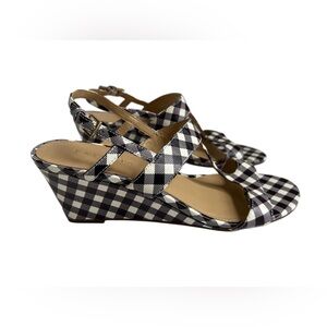 Talbots Royce T-Strap Gingham Wedges Sandals Shoes Black White Checkered 8.5